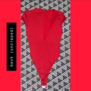 Red, stretch-material,  zip up back, button bottom, body suit